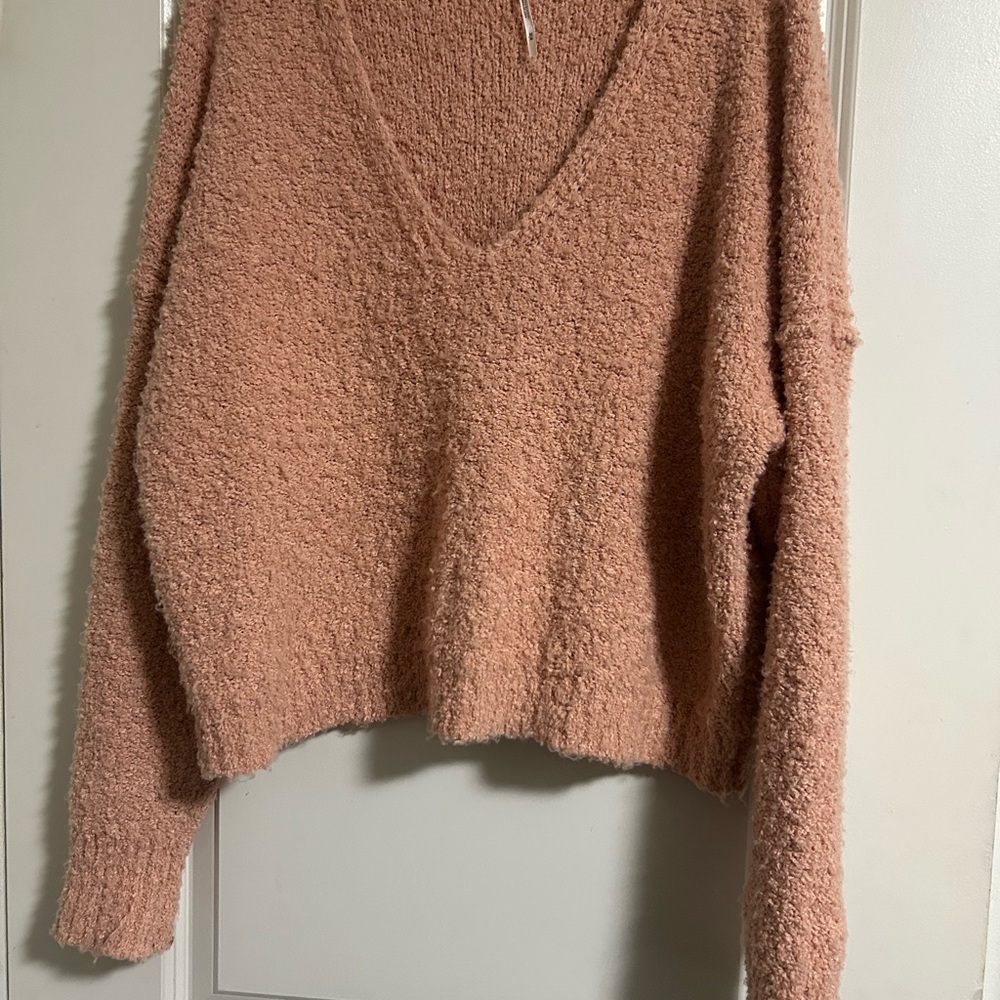 Free People Pink V-Neck Sweater with Textured Knit